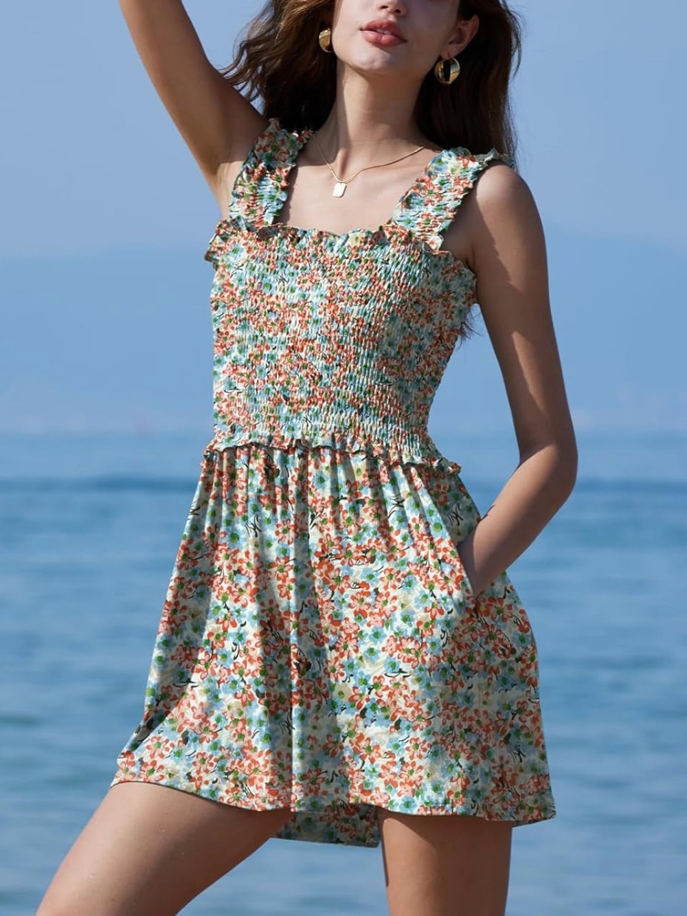Smocked Floral Sundress Romper in Touquise Peach and White - Picture 3 of 9